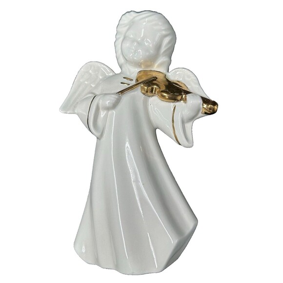 White and Gold Ceramic Angels Playing Musical Instruments Set of 3 Angels - Picture 11 of 11